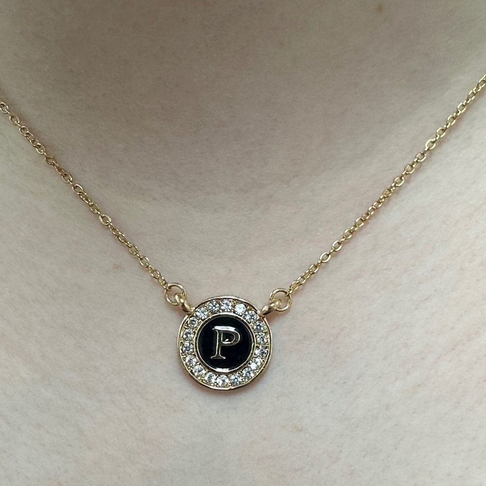 *FREE* Gold Initial 'P' Pendant Necklace with Black Enamel and Crystals